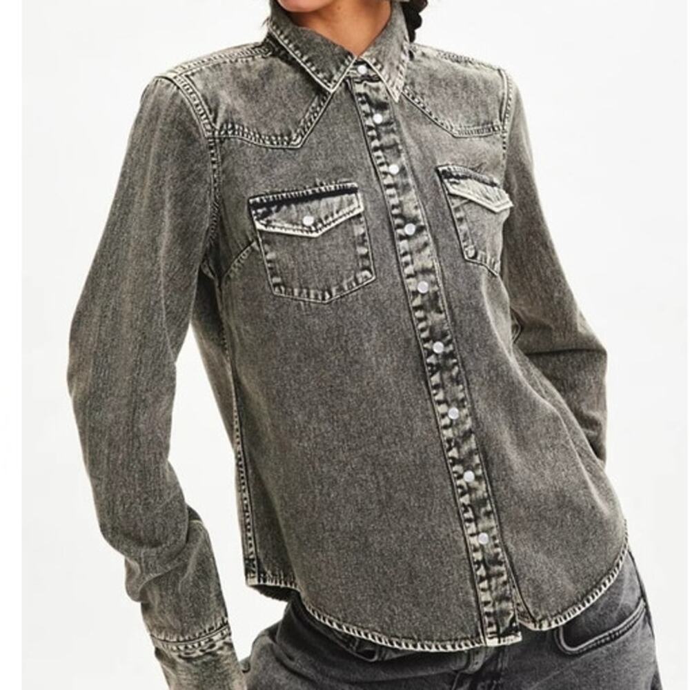 BDG Urban Outfitters Ariella Denim Western Shirt Blouse Top in Gray
